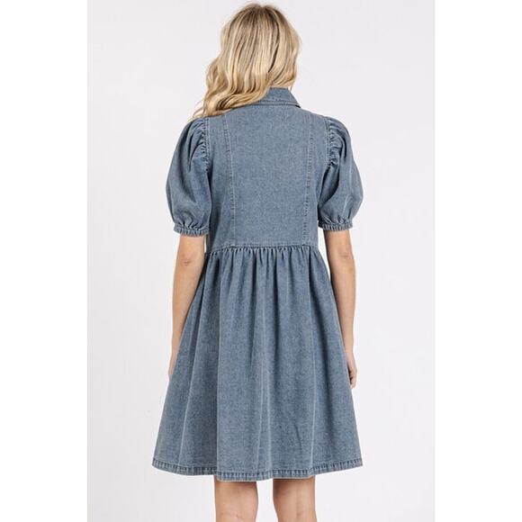 Mittoshop Button Down Short Puff Sleeves Side Pockets Denim Shirt Mini Dress - Picture 3 of 6